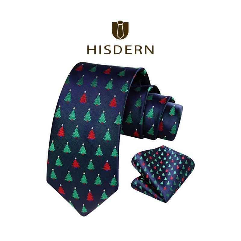 Hisdern Christmas Tie Set Navy Blue Green Red Holiday Party Accessories