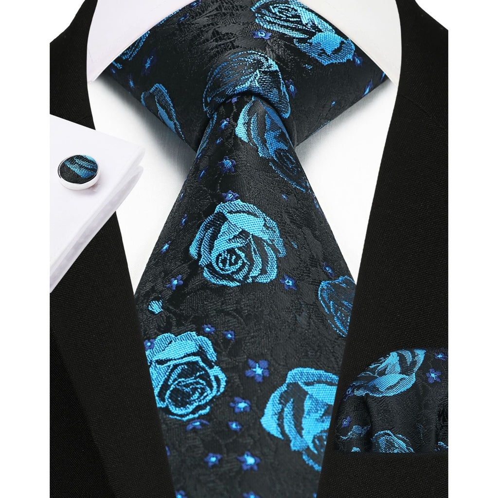 Hisdern Navy Blue Floral Wedding Tie Set with Cufflinks