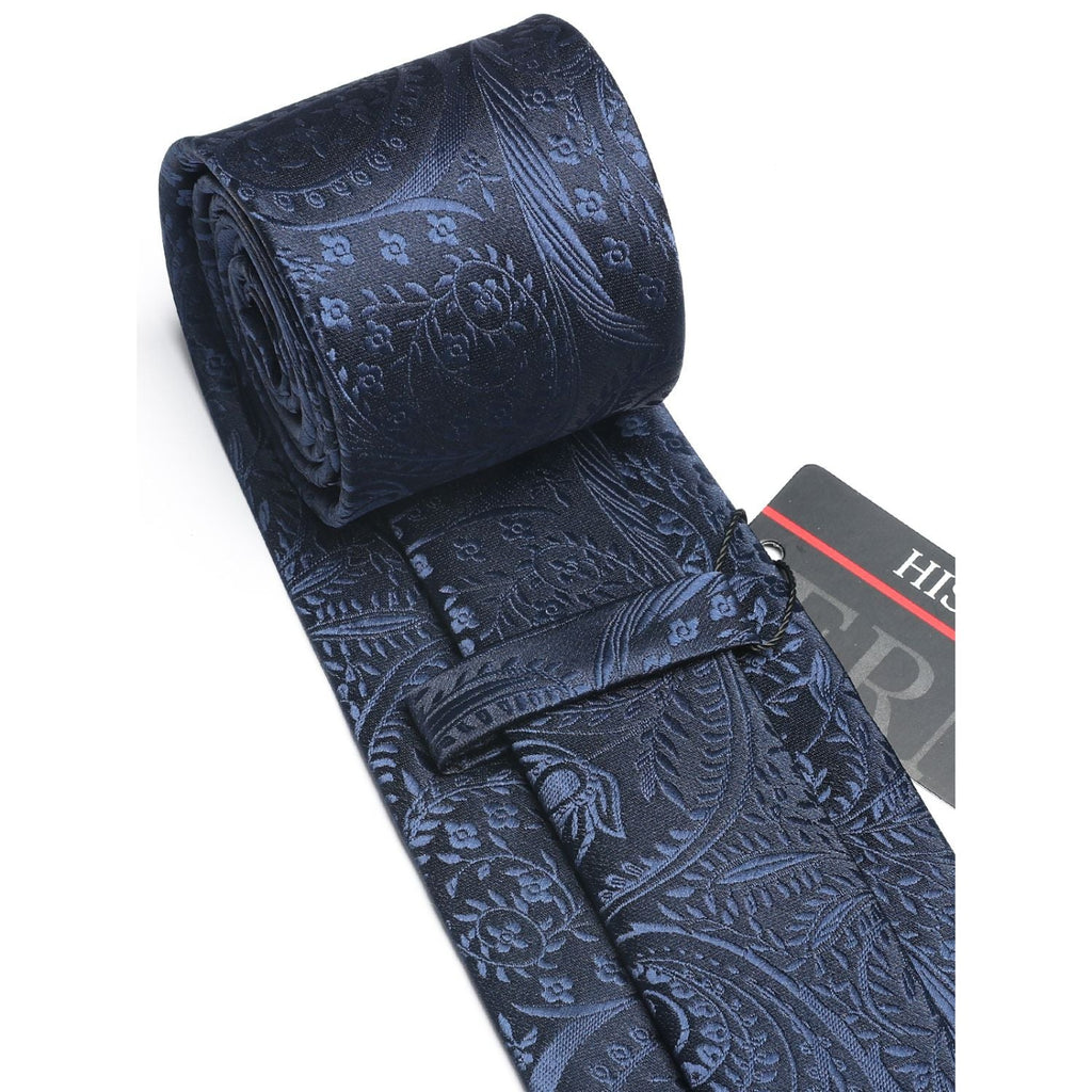 Hisdern Navy Blue Paisley Tie Set For Formal Wear