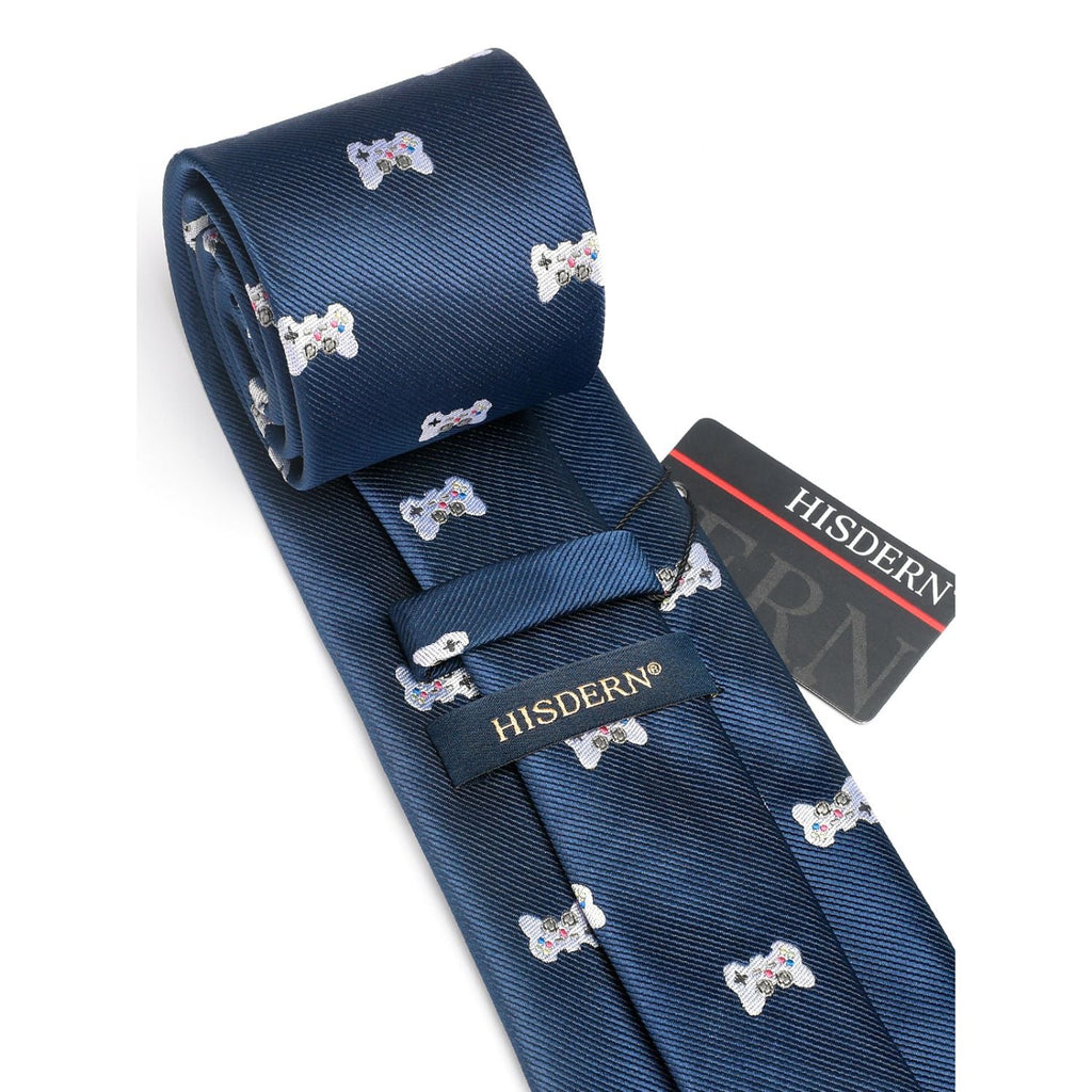 Hisdern Navy Blue Gamepad Print Men's Suit Tie Set