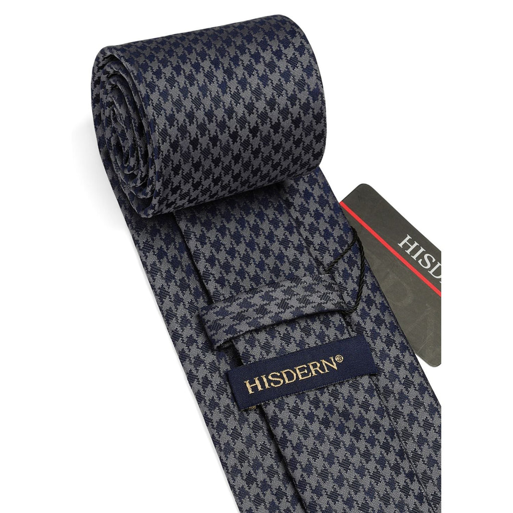 Hisdern Grey Navy Blue Houndstooth Wedding Tie Set