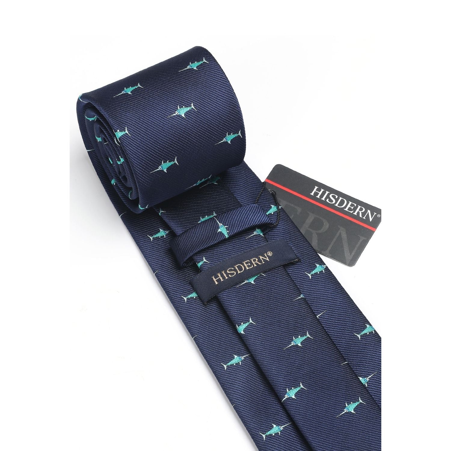 Hisdern Navy Blue Swordfish Print Men's Suit Tie Set