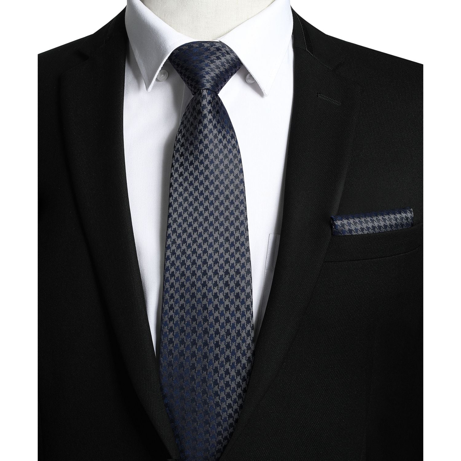 Hisdern Grey Navy Blue Houndstooth Wedding Tie Set