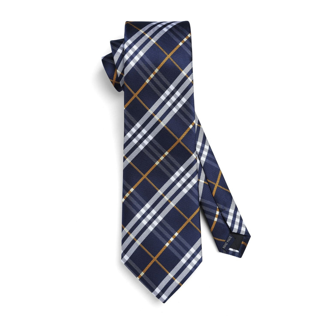 Hisdern Grey Navy Blue Orange Plaid Tie Set For Groomsmen