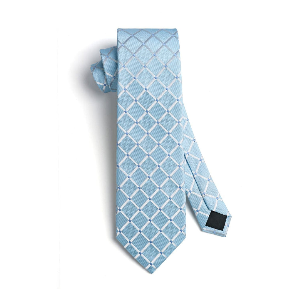 Hisdern Baby Blue Plaid Wedding Accessories Set with Cufflinks Clip
