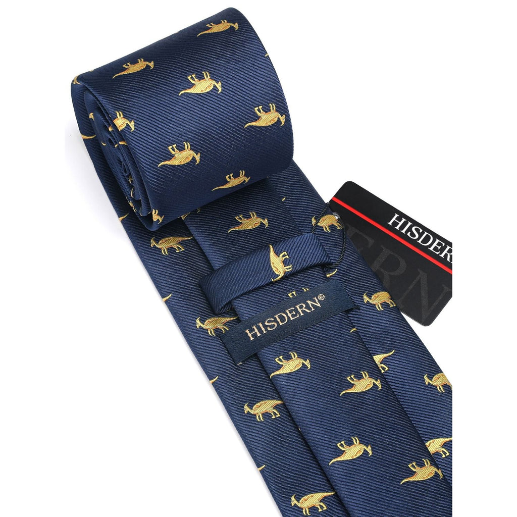 Hisdern Navy Blue Dinosaur Print Men's Suit Tie Set