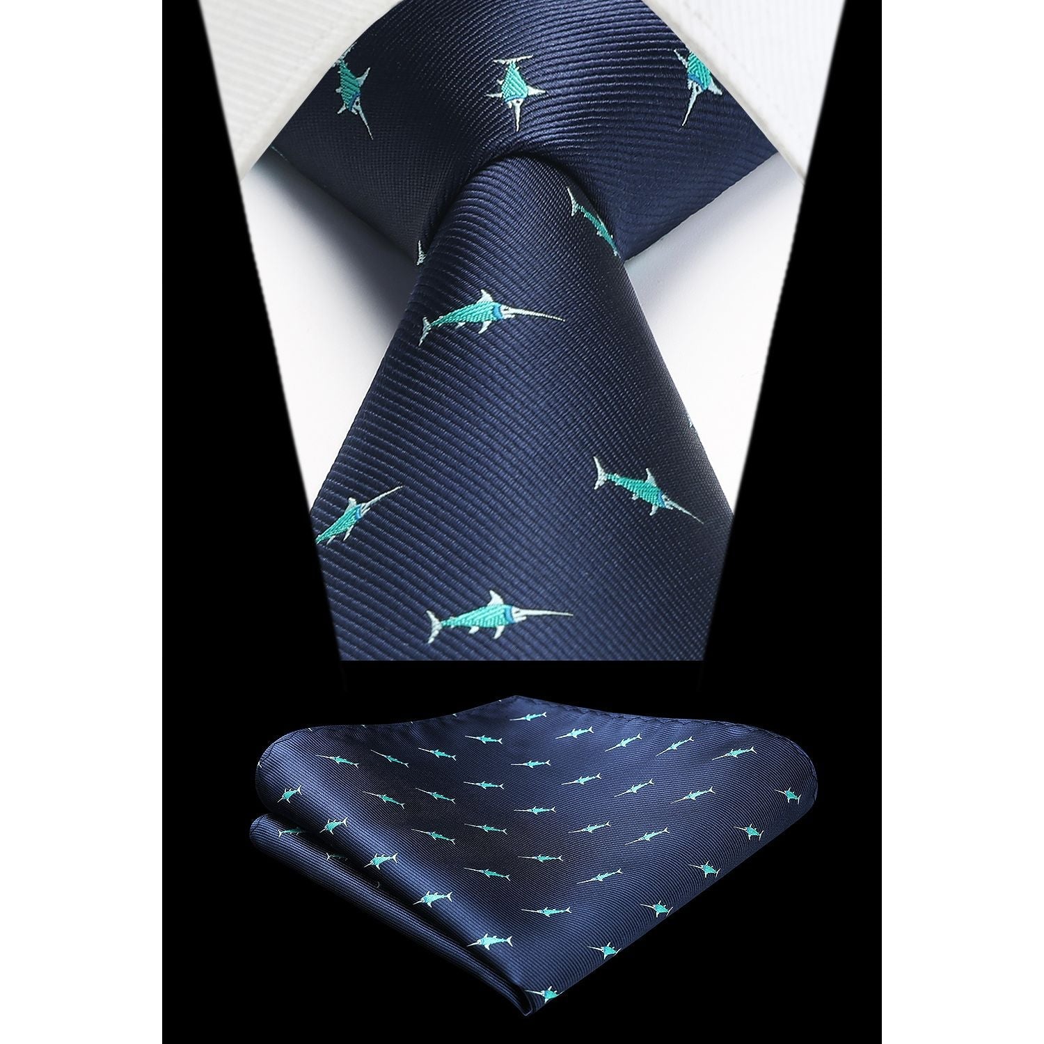 Hisdern Navy Blue Swordfish Print Men's Suit Tie Set
