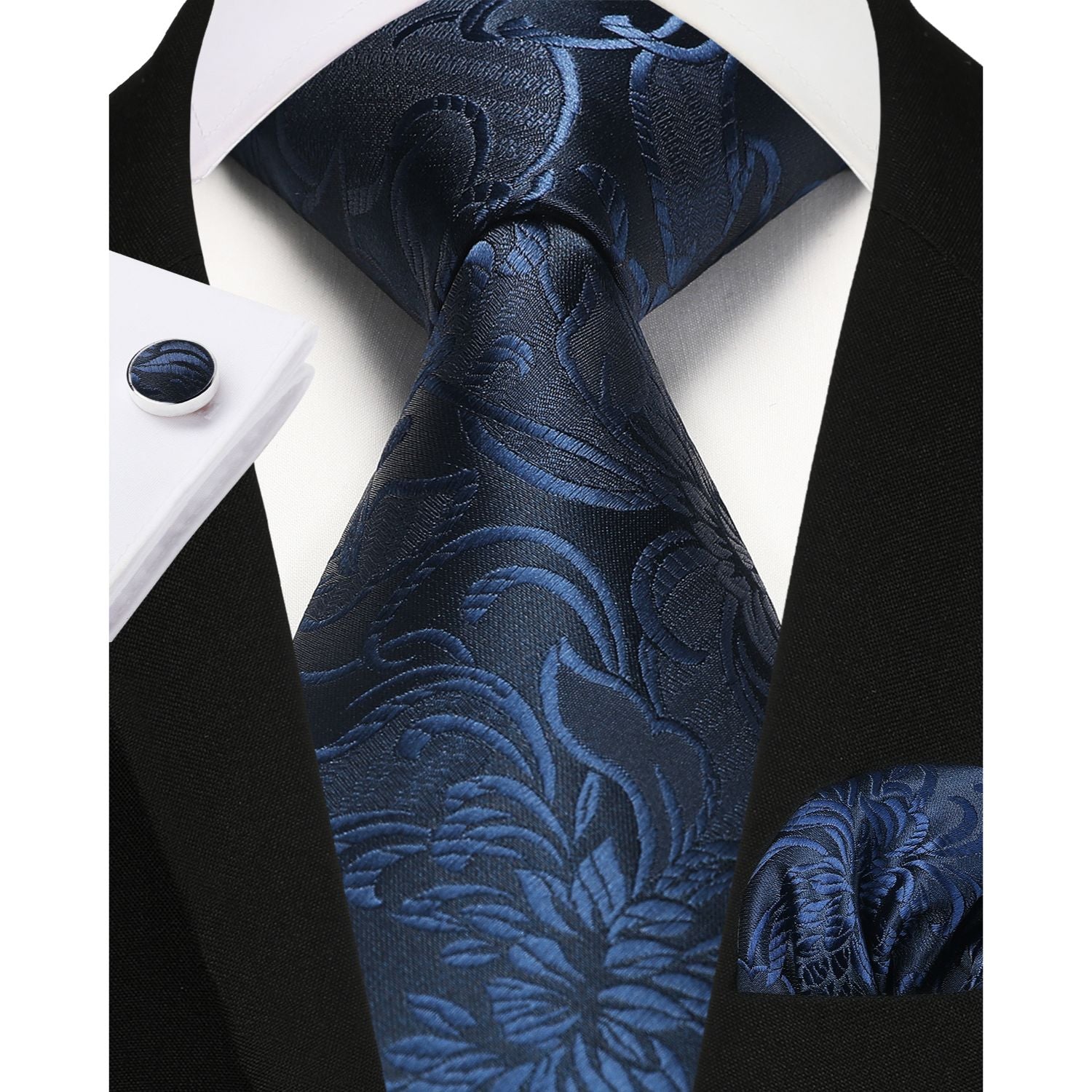 Hisdern Navy Blue Floral Wedding Tie Set with Cufflinks