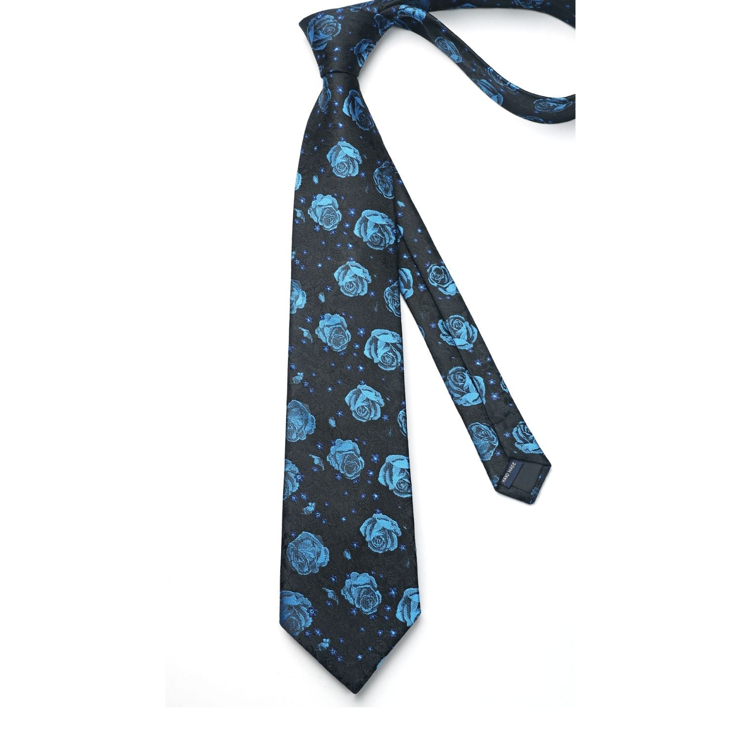 Hisdern Navy Blue Floral Wedding Tie Set with Cufflinks