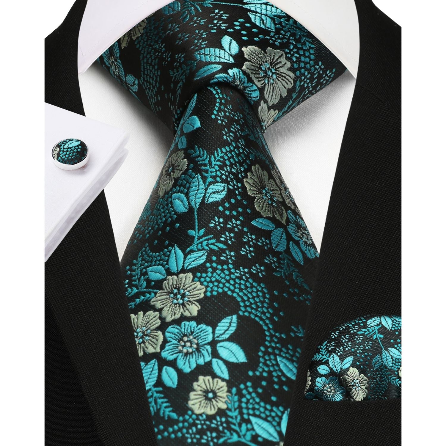 Hisdern Navy Blue Floral Wedding Tie Set with Cufflinks