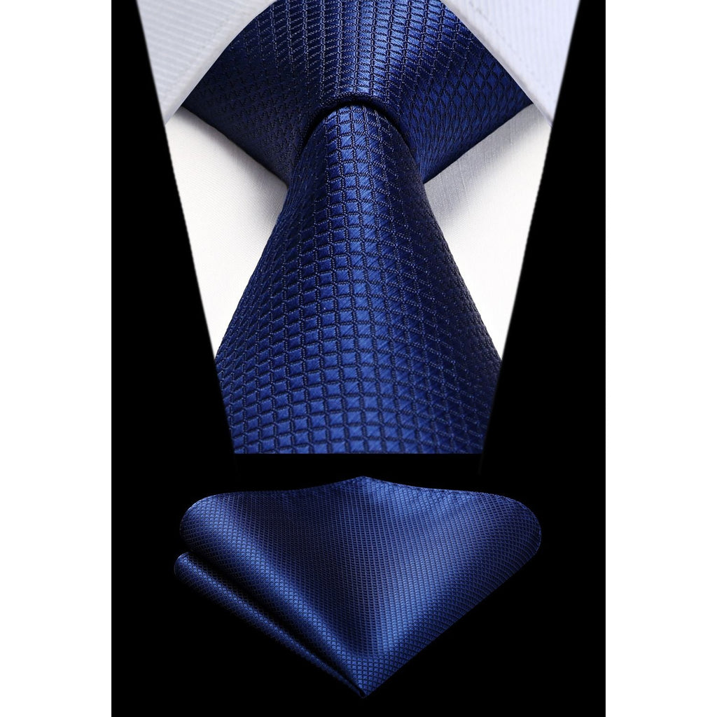Hisdern Navy Blue Plaid Pocket Square With Matching Tie