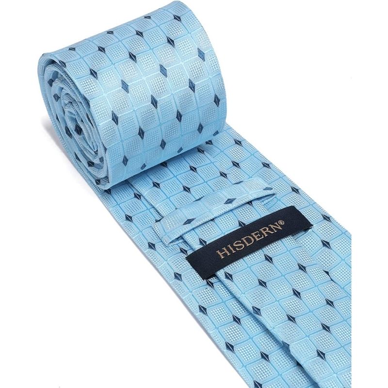Hisdern Light Blue Navy Plaid Pocket Square With Matching Tie