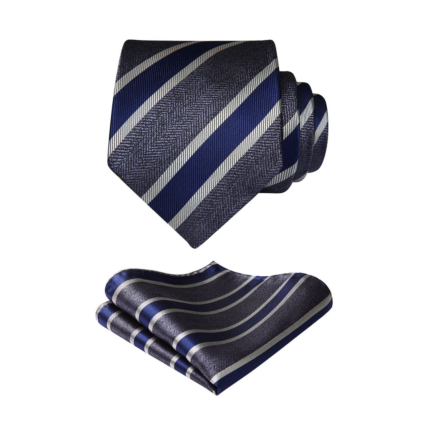 Hisdern Navy Blue Charcoal Striped Business Tie Set