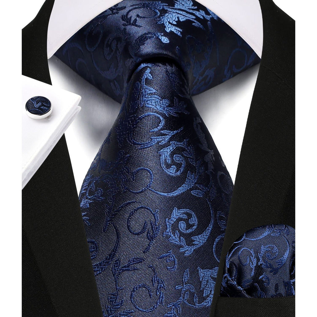 Hisdern Navy Blue Floral Wedding Tie Set with Cufflinks