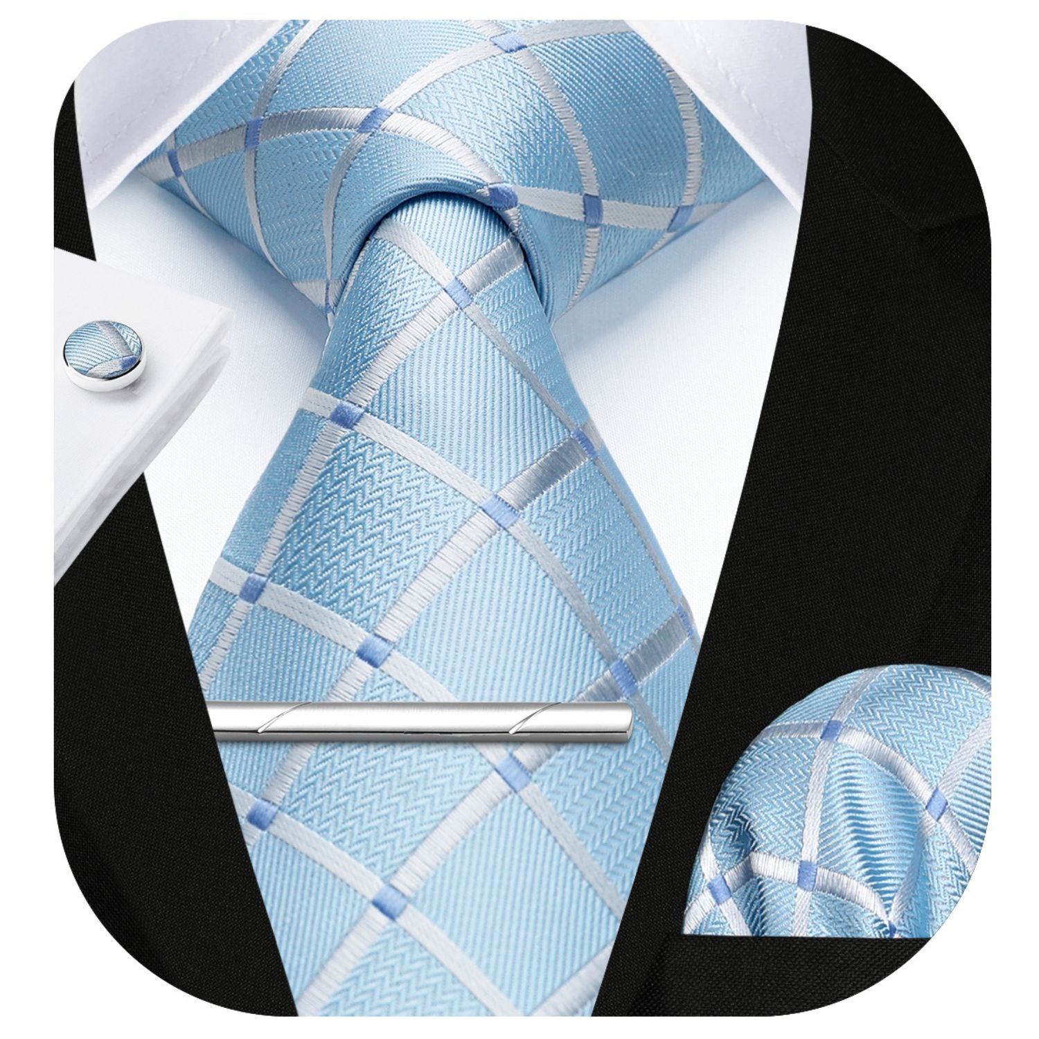Hisdern Baby Blue Plaid Wedding Accessories Set with Cufflinks Clip
