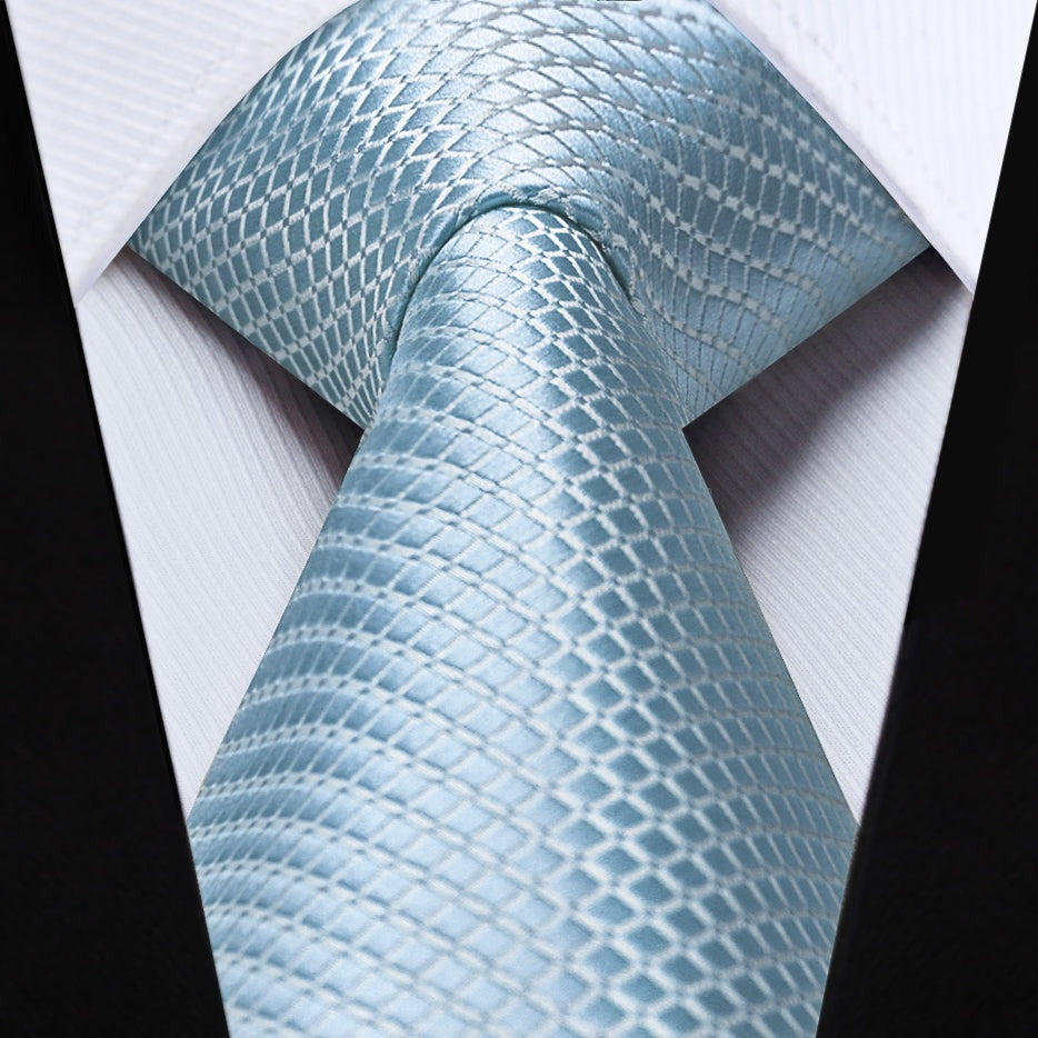 Hisdern Baby Blue Plaid Pocket Square With Matching Tie