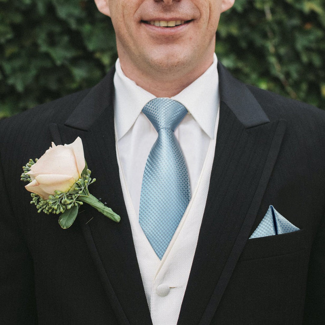 Hisdern Baby Blue Plaid Pocket Square With Matching Tie