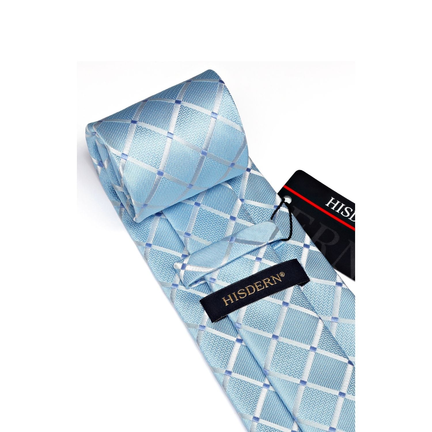 Hisdern Baby Blue Plaid Wedding Accessories Set with Cufflinks Clip