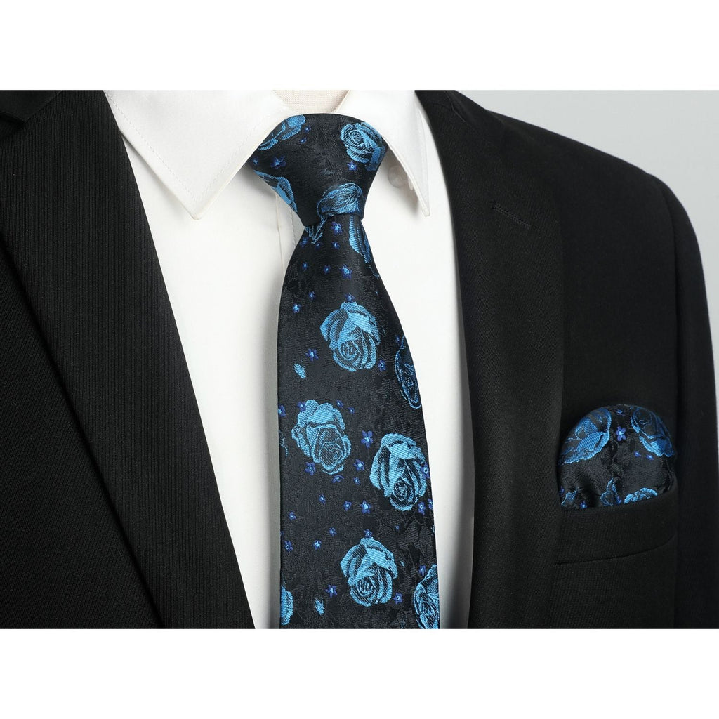 Hisdern Navy Blue Floral Wedding Tie Set with Cufflinks