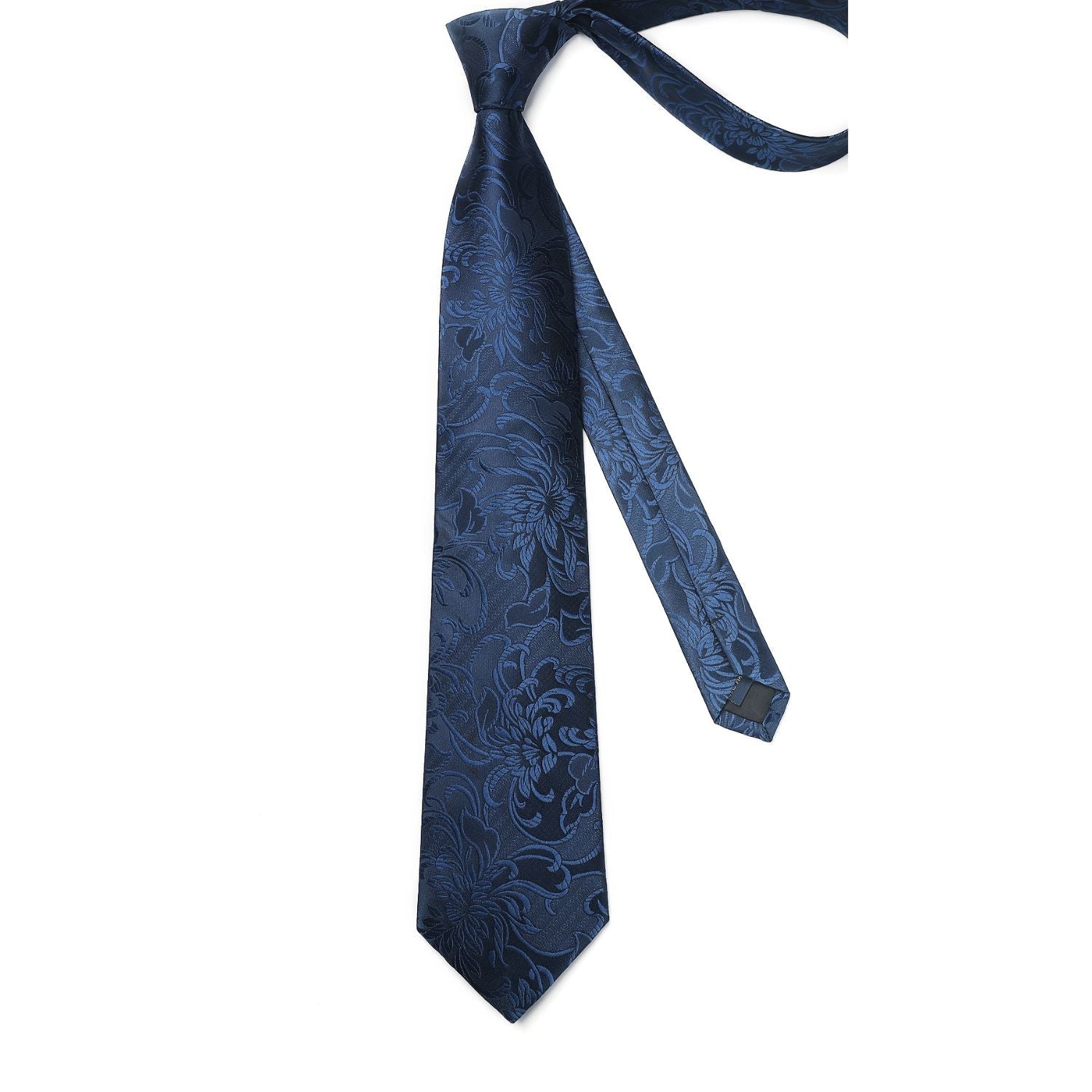 Hisdern Navy Blue Floral Wedding Tie Set with Cufflinks