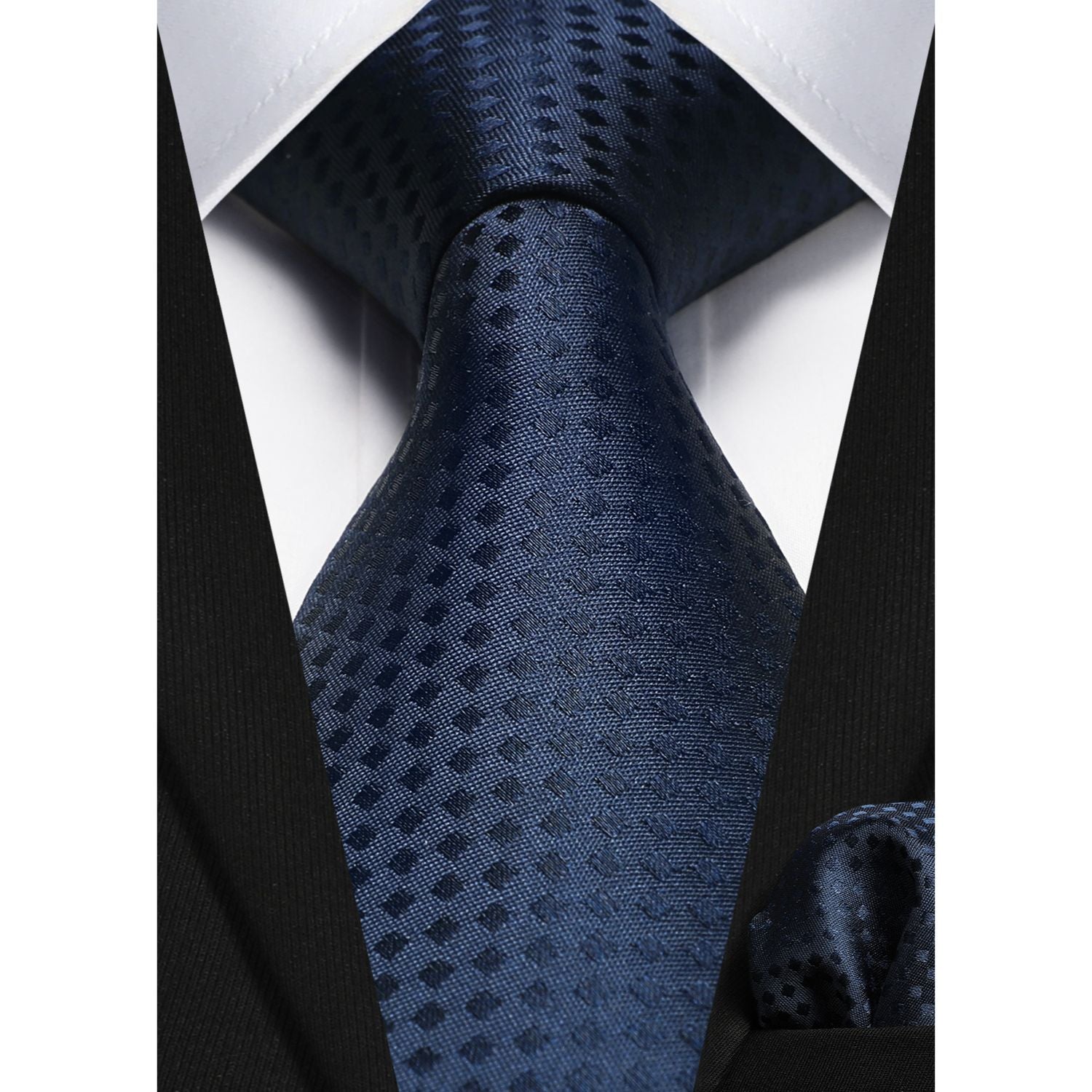 Hisdern Navy Blue Plaid Pocket Square With Matching Tie