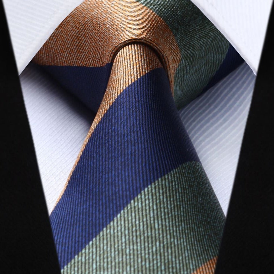 Hisdern Navy Green Tan Striped Business Tie Set