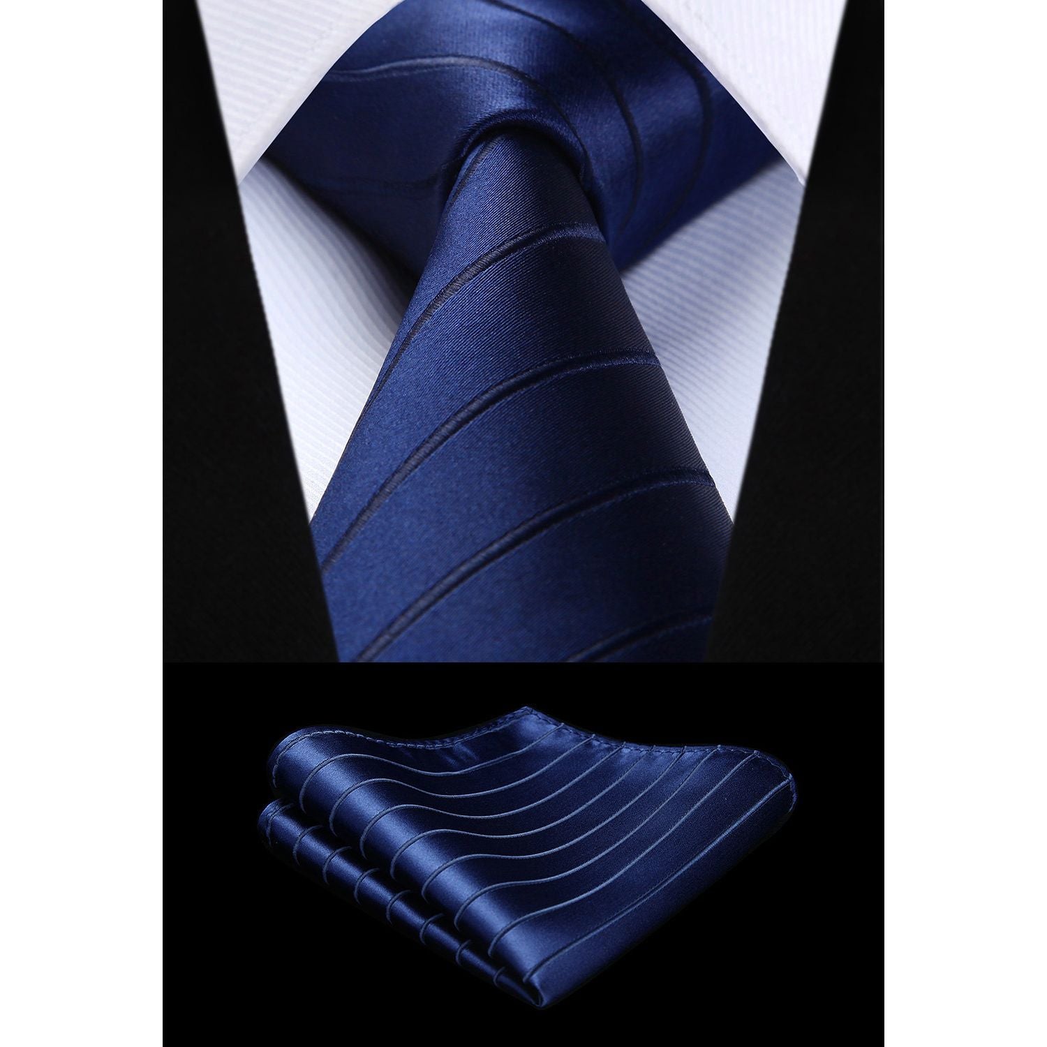 Hisdern Navy Blue Striped Business Tie Set