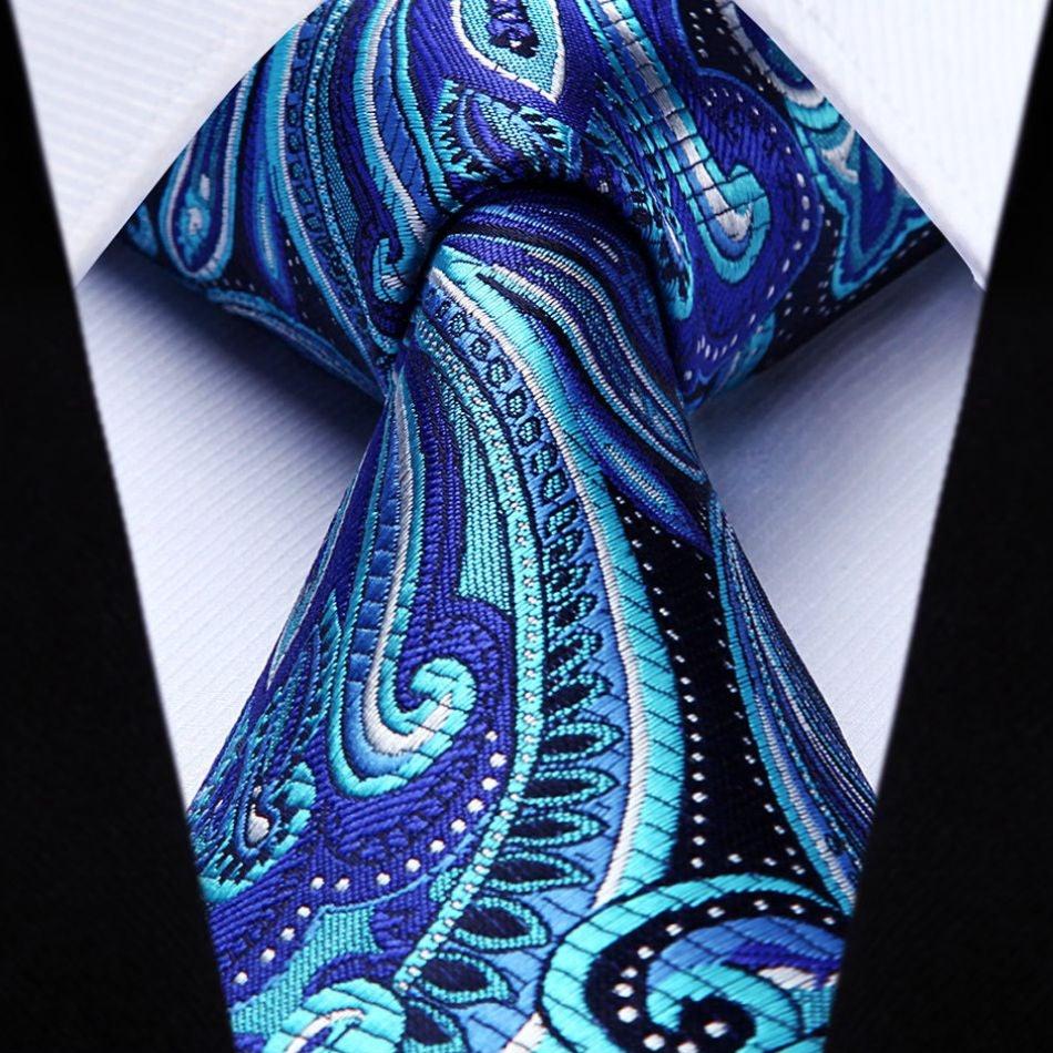 Hisdern Navy Blue White Paisley Tie Set For Formal Wear