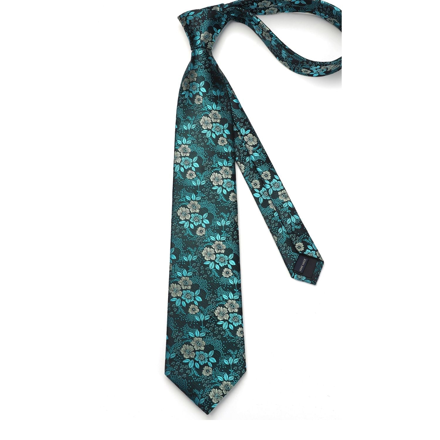 Hisdern Navy Blue Floral Wedding Tie Set with Cufflinks