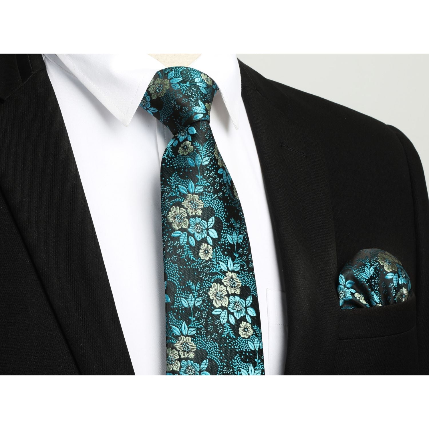 Hisdern Navy Blue Floral Wedding Tie Set with Cufflinks