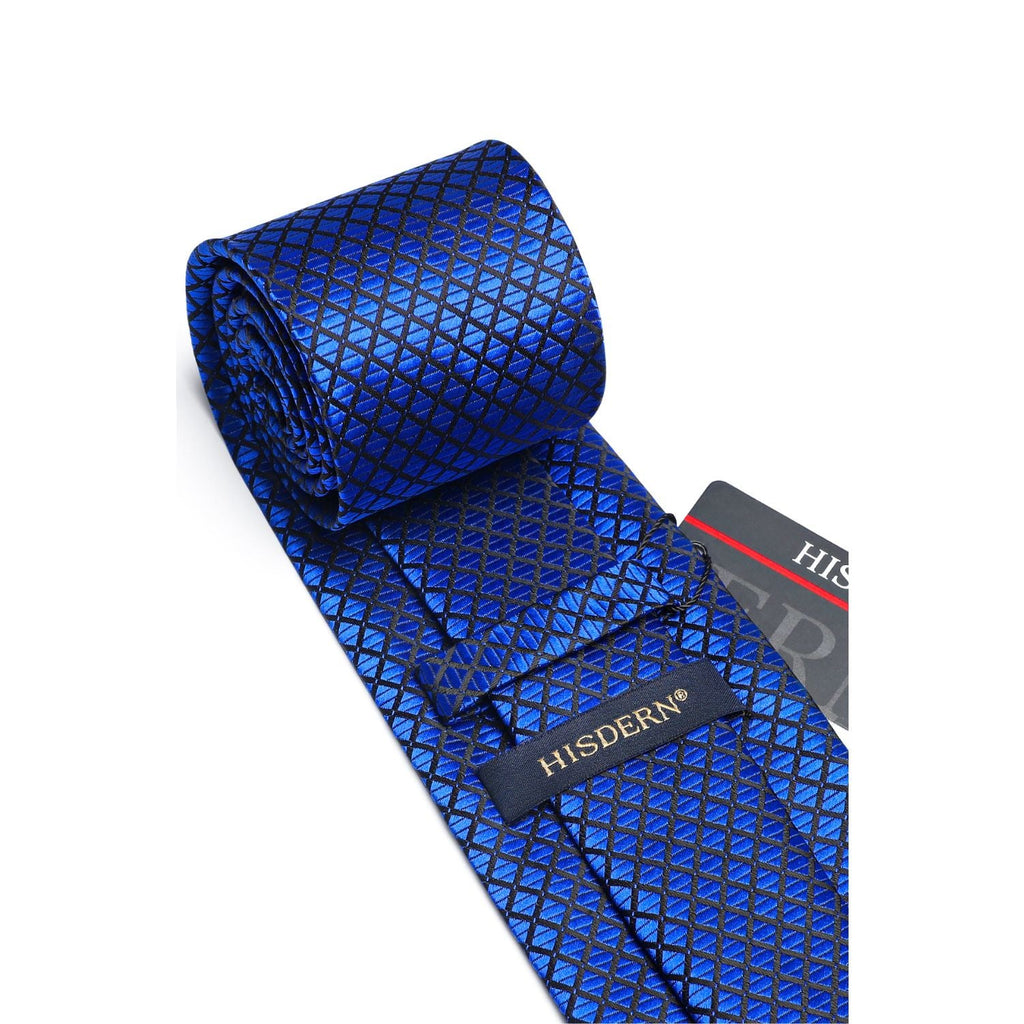 Hisdern Royal Blue Plaid Wedding Accessories Set with Cufflinks