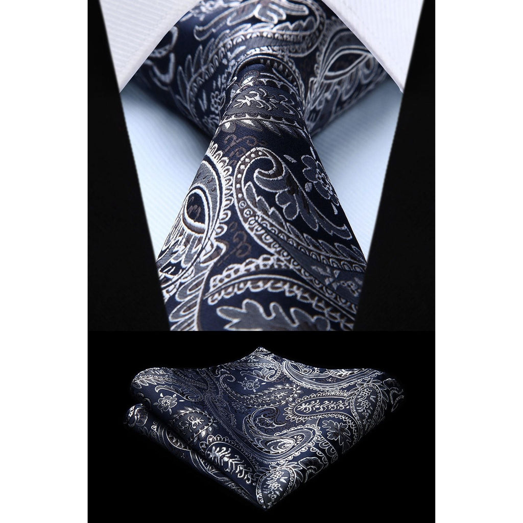 Hisdern Navy Blue Paisley Tie Set For Formal Wear