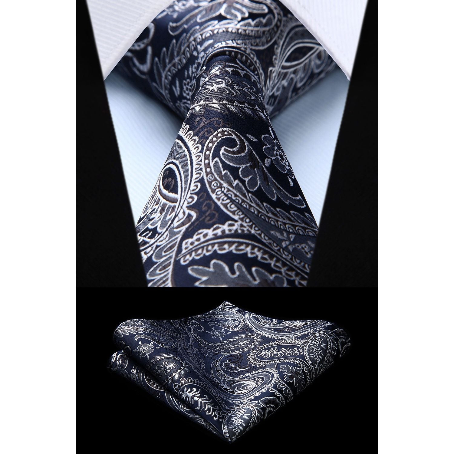 Hisdern Navy Blue Paisley Tie Set For Formal Wear