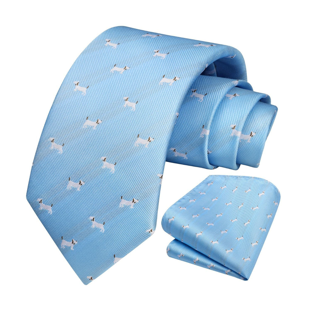 Hisdern Baby Blue Bulldog Print Men's Suit Tie Set