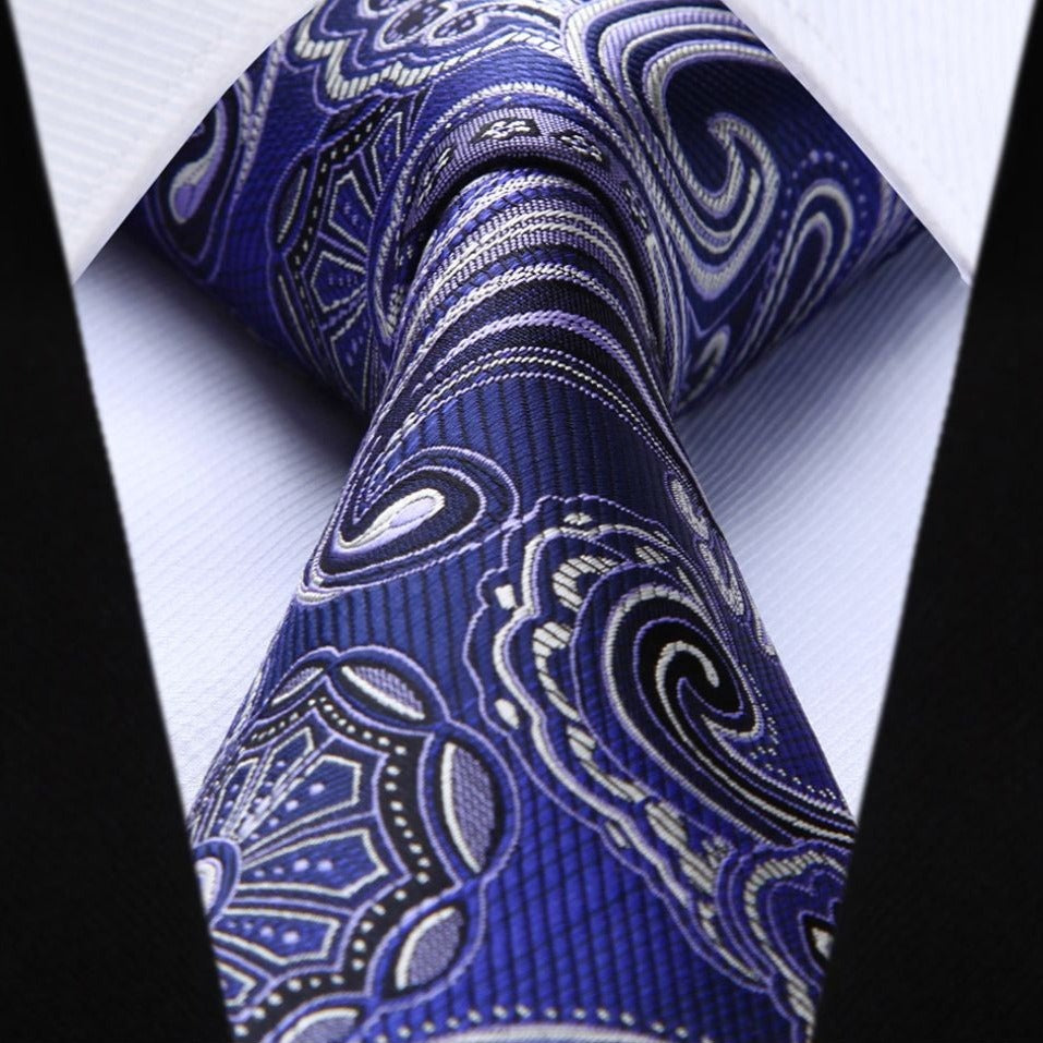 Hisdern Dark Blue Silver Paisley Tie Set For Formal Wear
