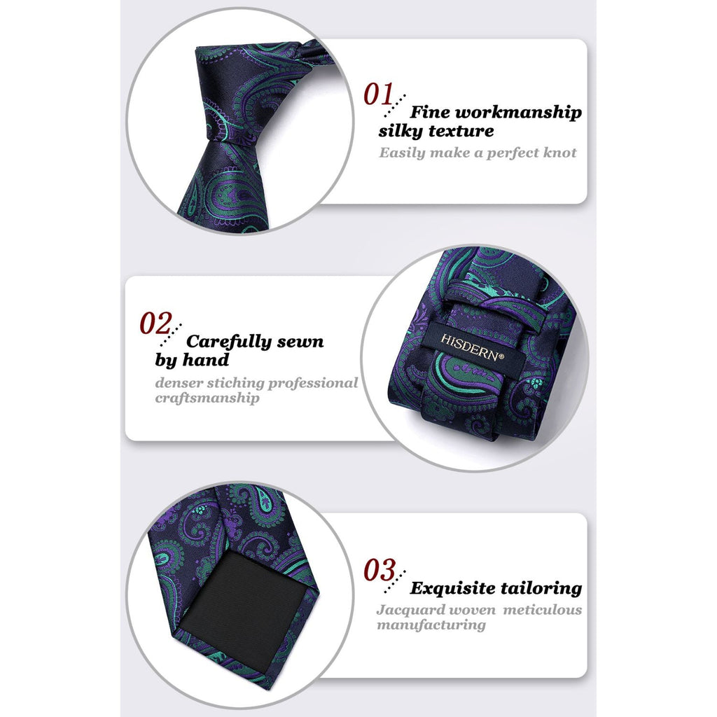 Hisdern Navy Green Purple Paisley Tie Set For Groomsmen
