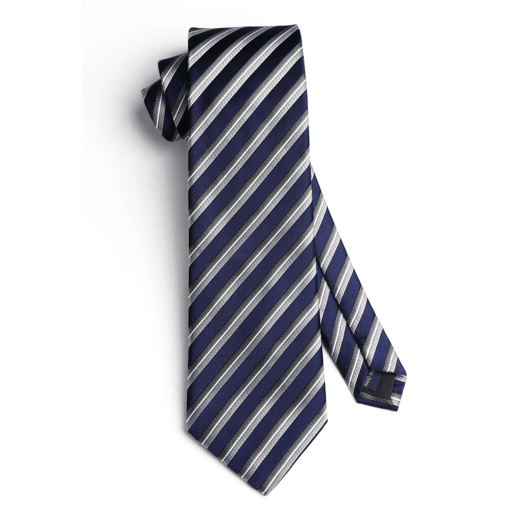 Hisdern Navy Blue Striped Wedding Accessories Set with Cufflinks