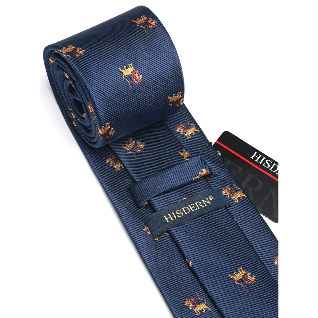 Hisdern Navy Blue Lion Print Men's Suit Tie Set