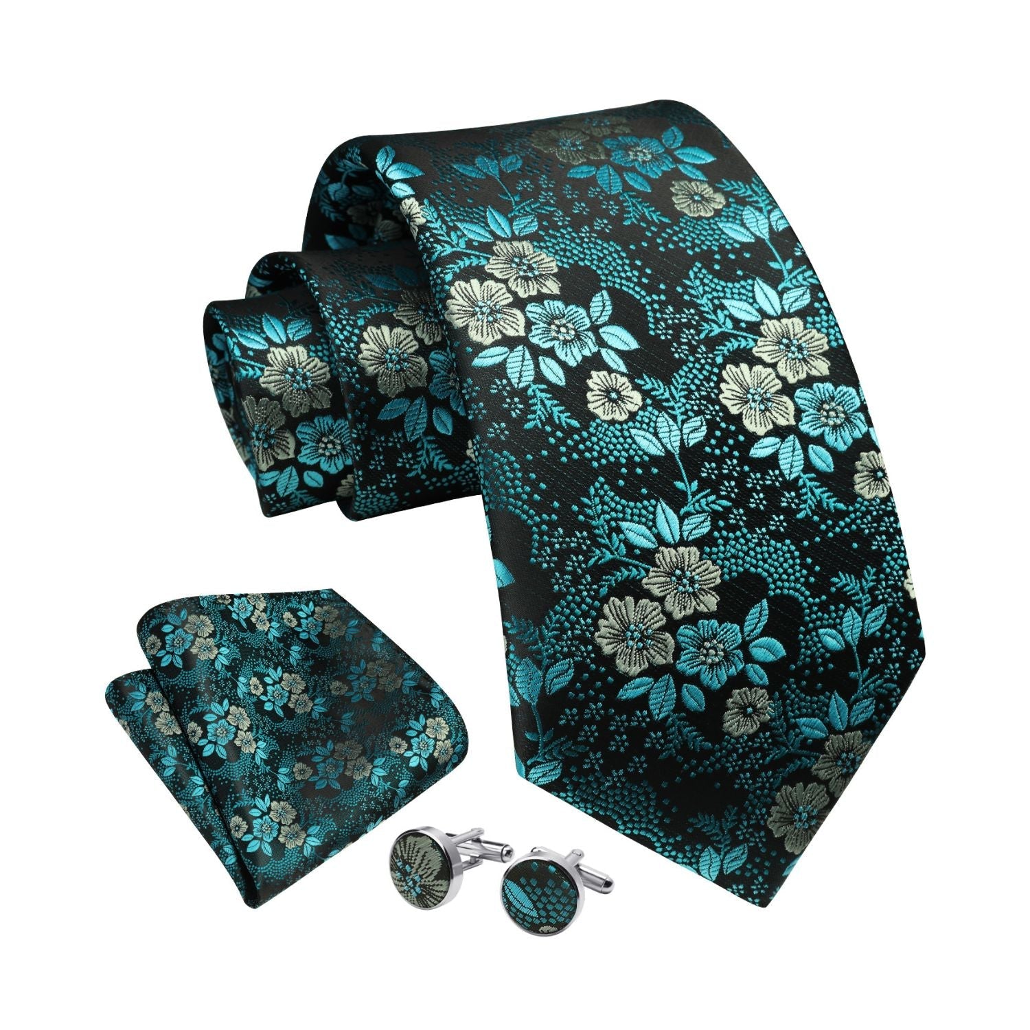 Hisdern Navy Blue Floral Wedding Tie Set with Cufflinks
