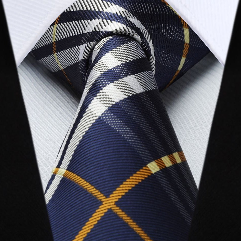 Hisdern Grey Navy Blue Orange Plaid Tie Set For Groomsmen