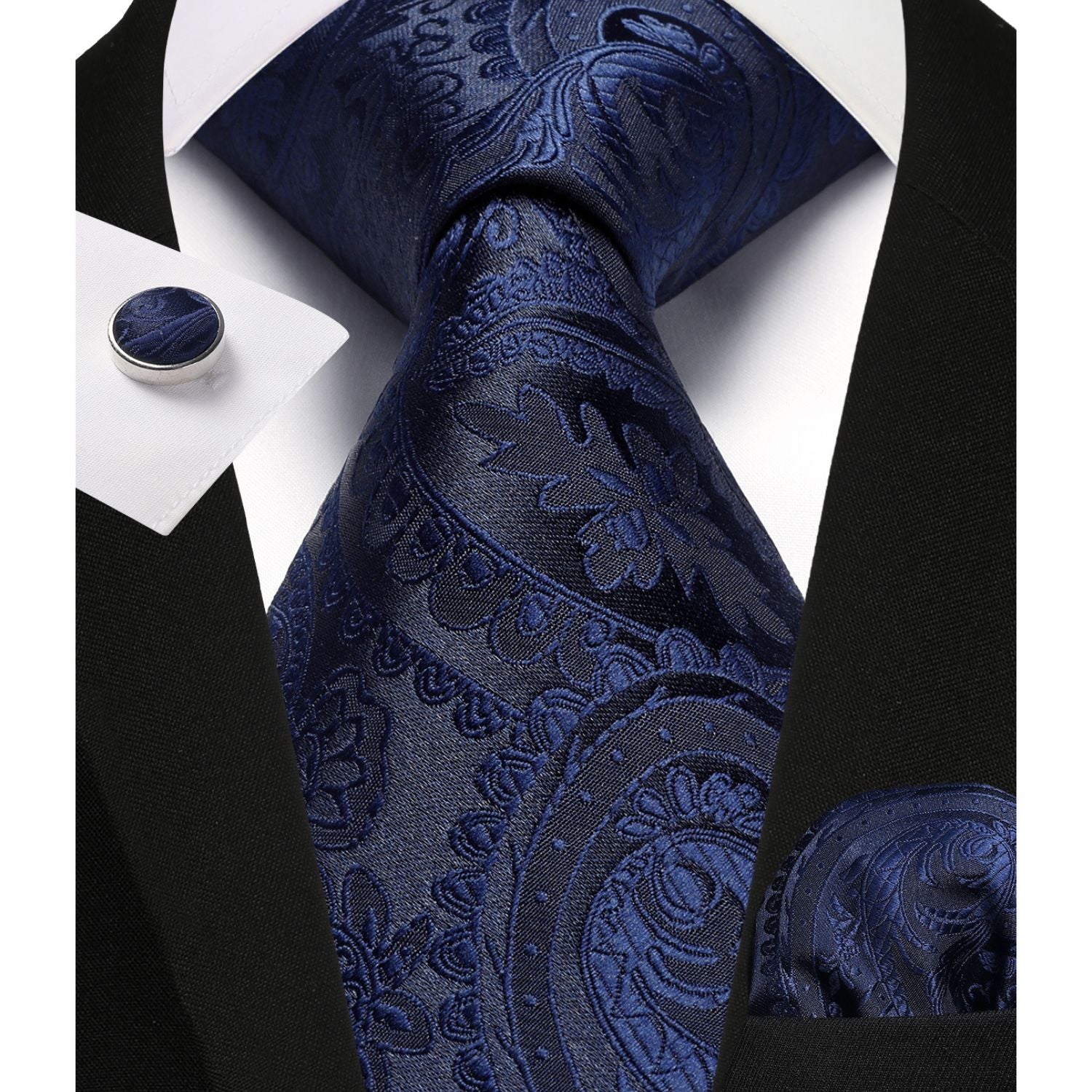 Hisdern Navy Blue Paisley Wedding Accessories Set with Cufflinks