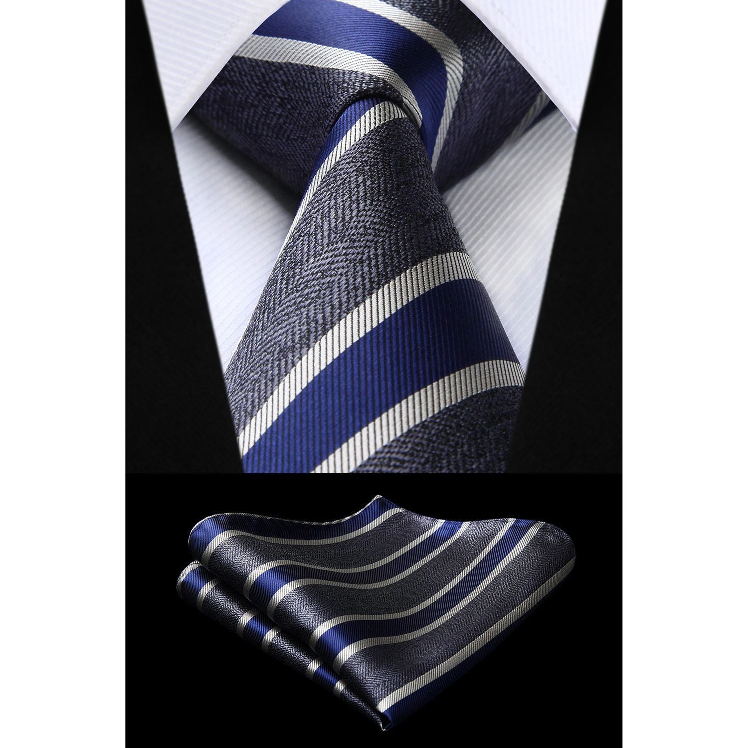 Hisdern Navy Blue Charcoal Striped Business Tie Set
