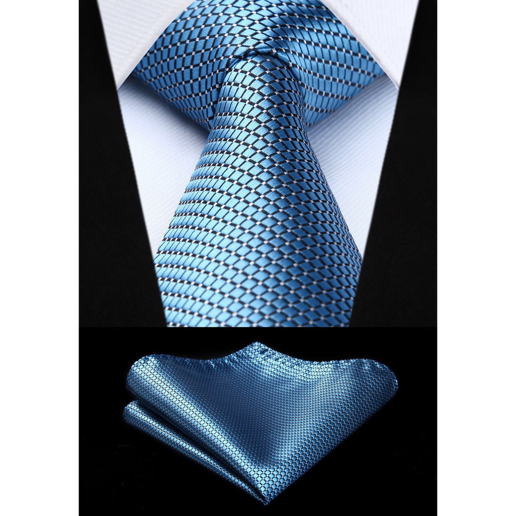 Hisdern Blue Plaid Pocket Square With Matching Tie