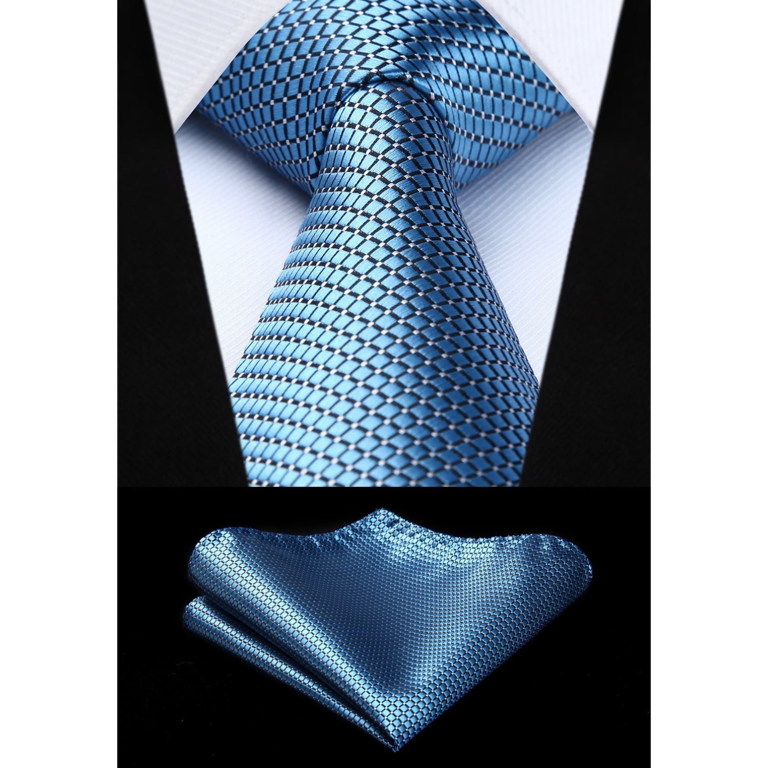 Hisdern Blue Plaid Pocket Square With Matching Tie
