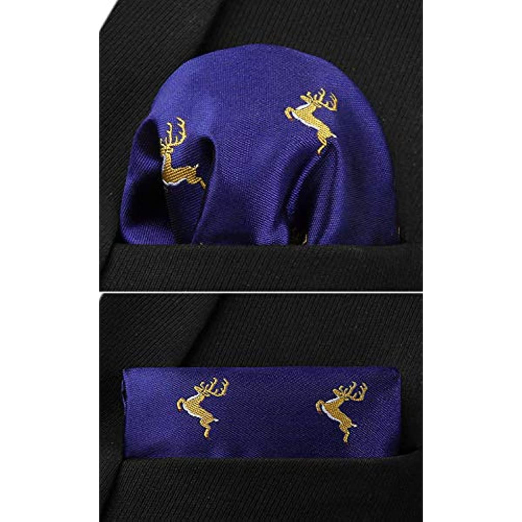 Hisdern Navy Blue Yellow Deer Print Men's Suit Tie Set