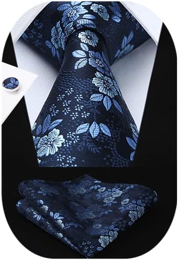 Hisdern Navy Blue Floral Wedding Tie Set with Cufflinks