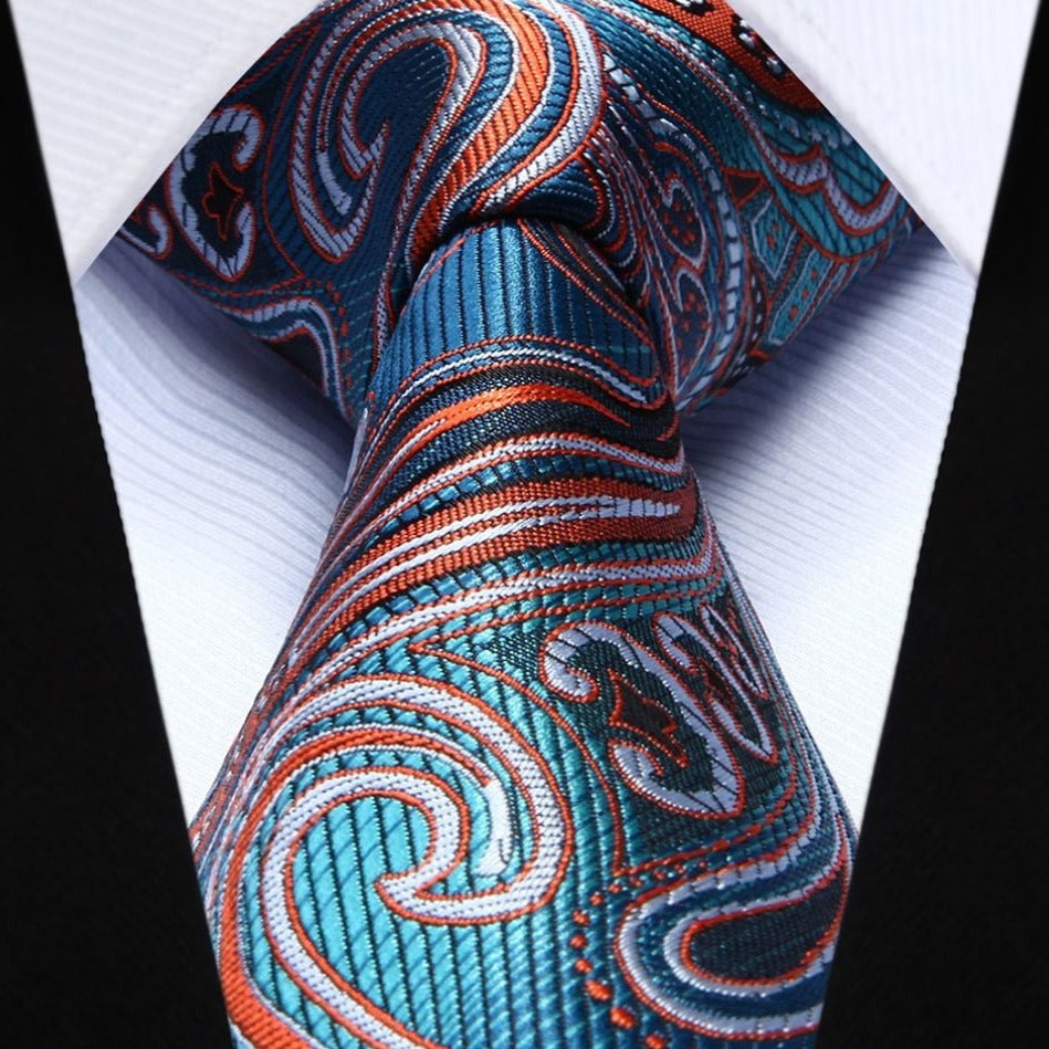 Hisdern Aqua Orange Paisley Tie Set For Formal Wear