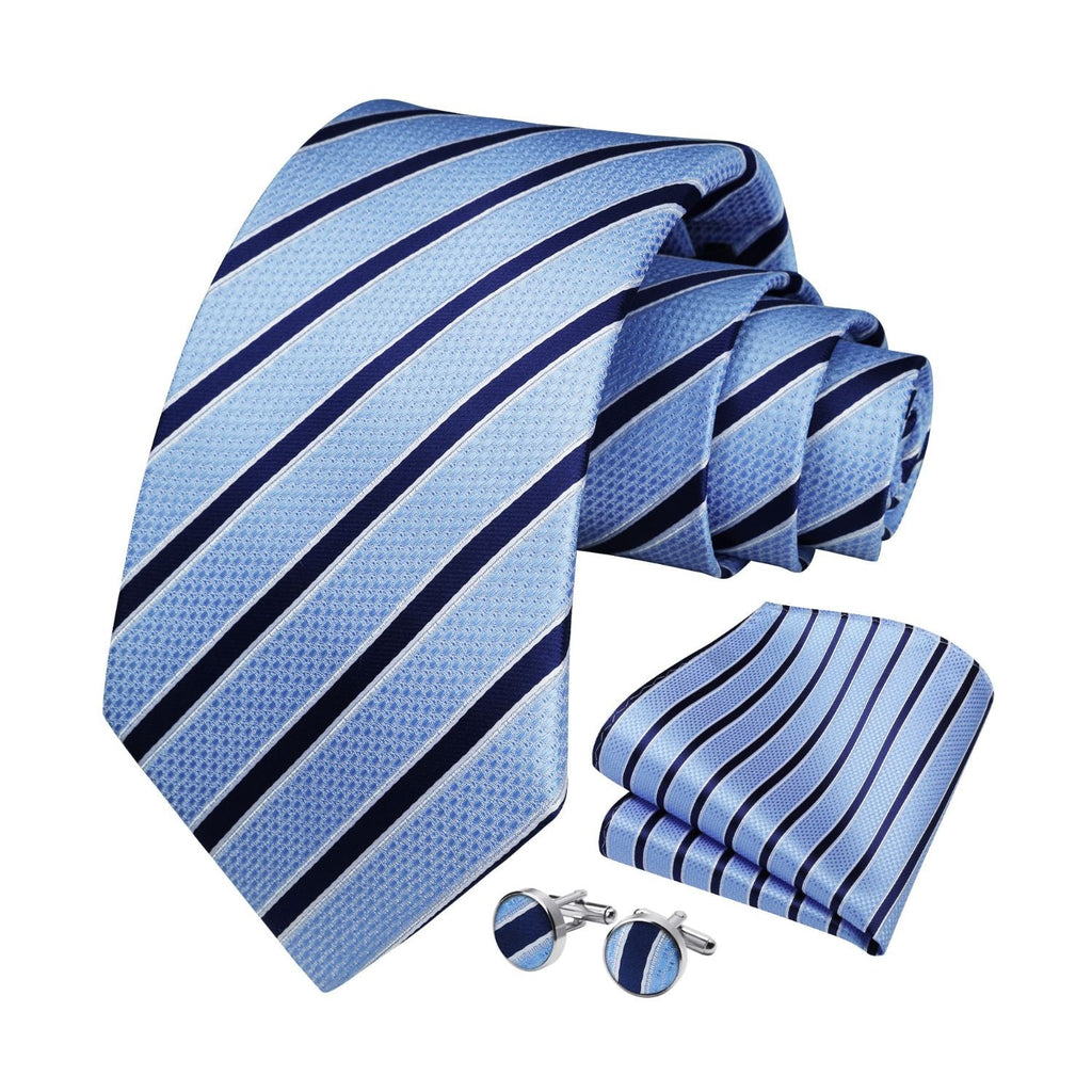 Stripe Tie Handkerchief Cufflinks -  01-SKY BLUE