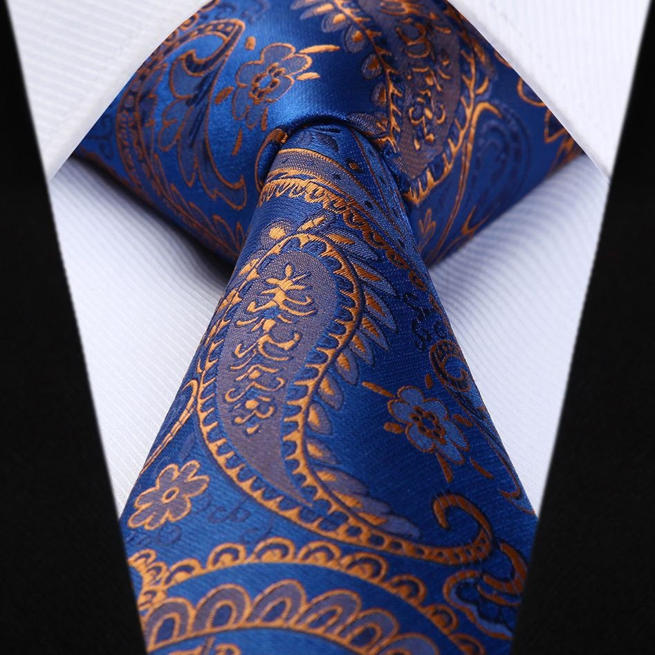 Hisdern Blue Orange Paisley Tie Set For Formal Wear