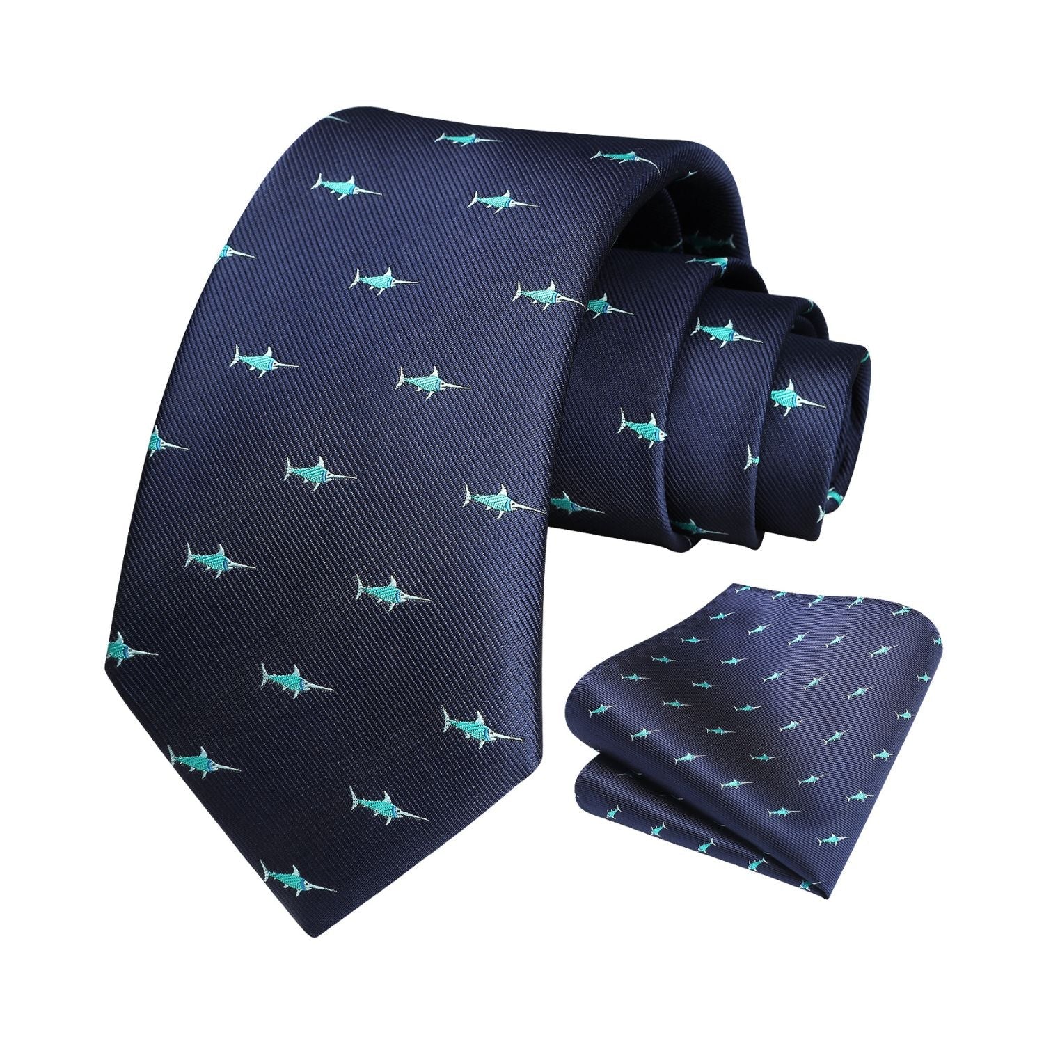 Hisdern Navy Blue Swordfish Print Men's Suit Tie Set